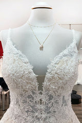 Long A-line V-neck Wedding Dress with Spaghetti Straps and Backless Tulle Lace