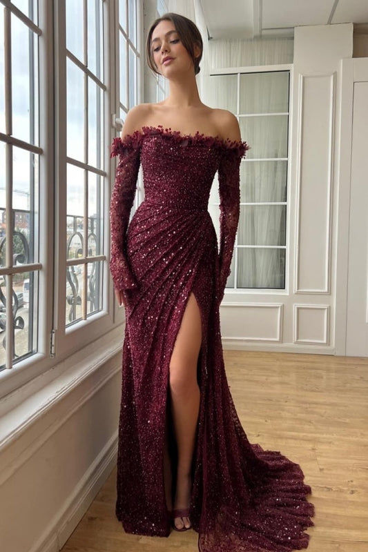 Burgundy Strapless Long Sleeves Lace Prom Dress with Sequins
