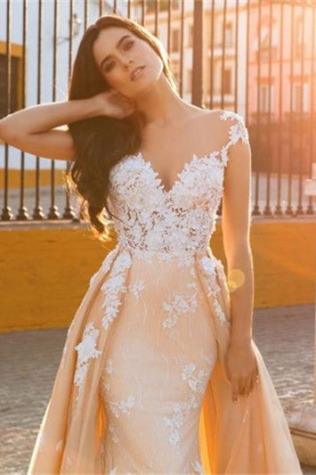 Mermaid Wedding Dress with Sweetheart Neckline, Cap Sleeves, and Lace Appliques Overskirt by Ballbellas