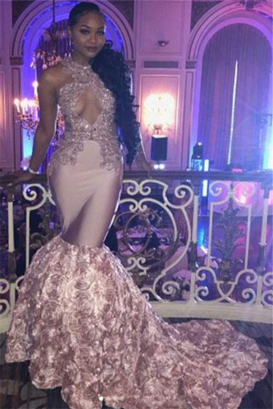 Gorgeous Pink Halter Lace Appliques Mermaid Prom Dress With Flowers
