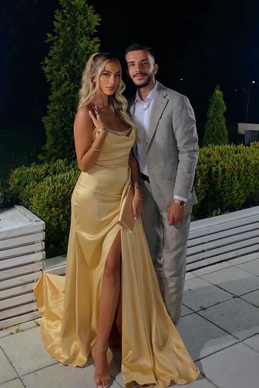 Gorgeous Champagne Strapless Mermaid Prom Dress With Split Ruffles