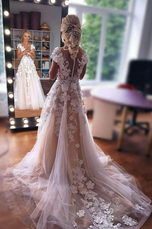Elegant Sleeveless A-line Floor-Length Wedding Gown in Lace and Tulle| Ballbellas
