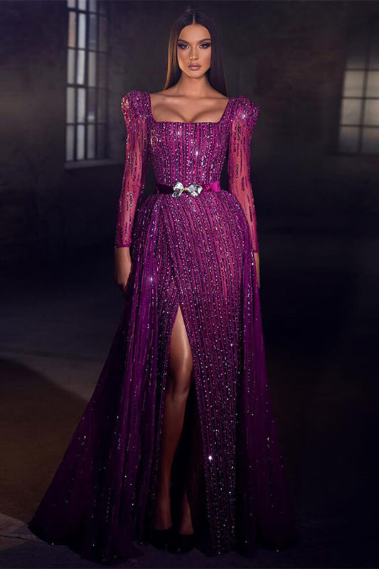 Stunning Purple Long Sleeves Evening Prom Dress Mermaid Square Beadings With Split
