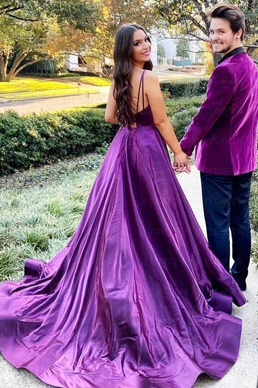 Amazing Spaghetti-Straps Purple Prom Dress V-Neck Sleeveless