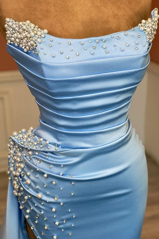 Modern Sky Blue Strapless Mermaid Prom Dress Pearls With Split Ruffles