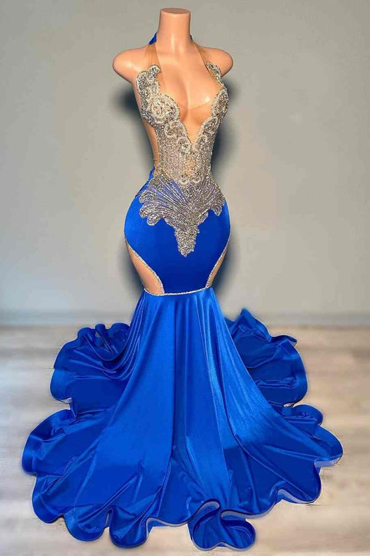Stunning Royal Blue Sleeveless Prom Dress Mermaid Long With Beadings