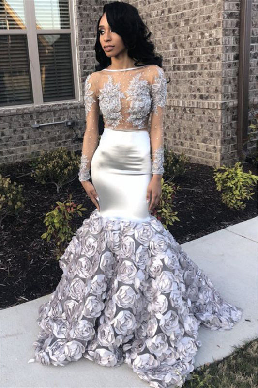 Chic Silver Long Sleeves Prom Dress Mermaid With Flowers Bottom