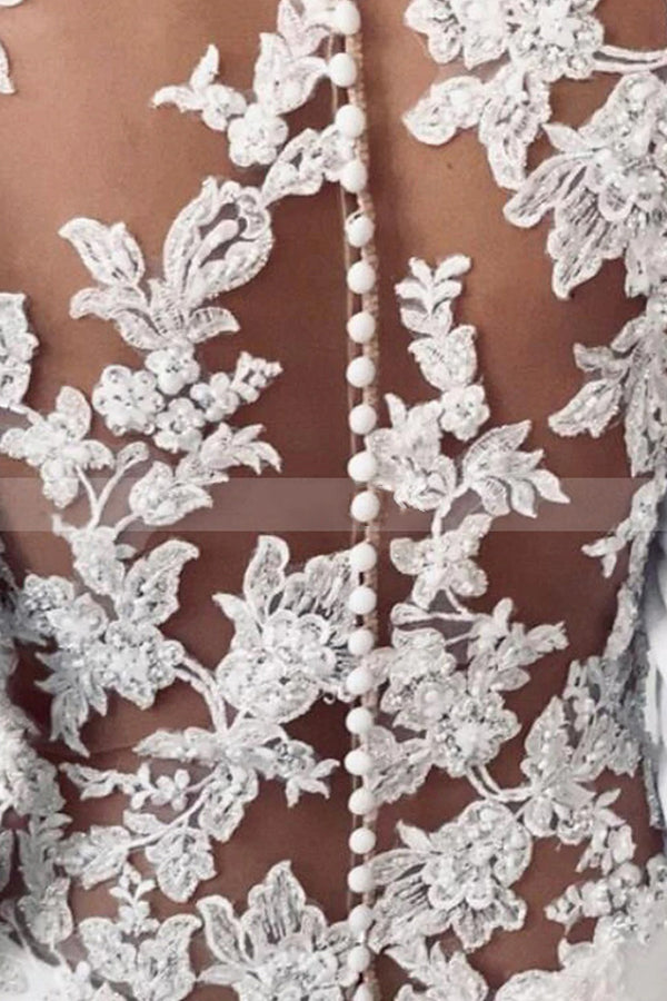 Elegant Sheath Wedding Dress with Long Lace Sleeves and Illusion Back Appliques