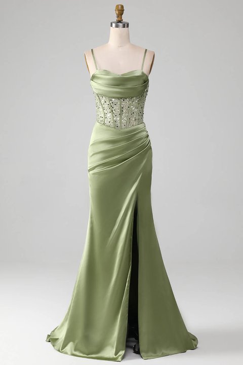 Sage Green Sequins Mermaid Prom Dress Sleeveless Spaghetti Straps