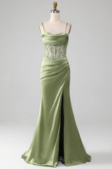 Sage Green Sequins Mermaid Prom Dress Sleeveless Spaghetti Straps