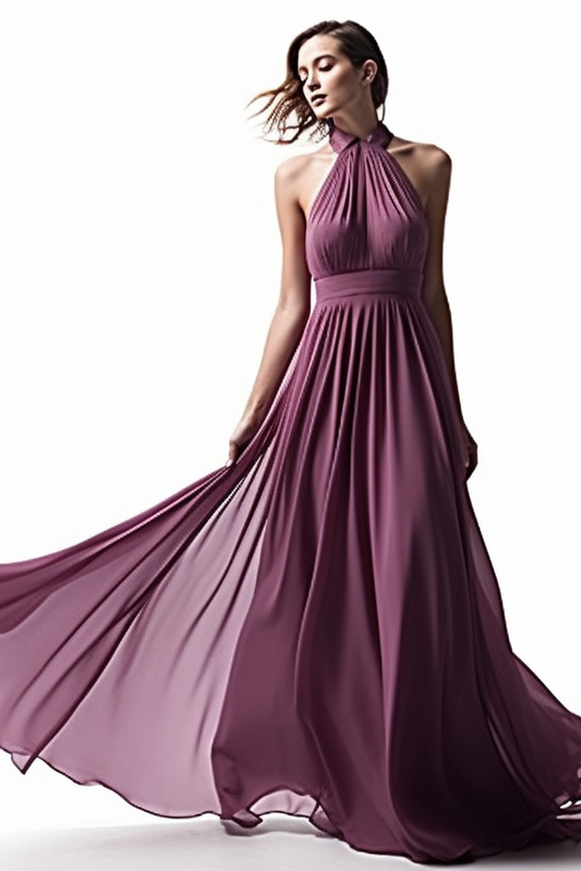 Pink Chiffon Prom Dress Halter Sleeveless Long Pleated
