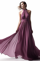 Pink Chiffon Prom Dress Halter Sleeveless Long Pleated