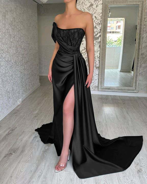 Green Strapless Prom Dress Long Beading Split Mermaid Dress