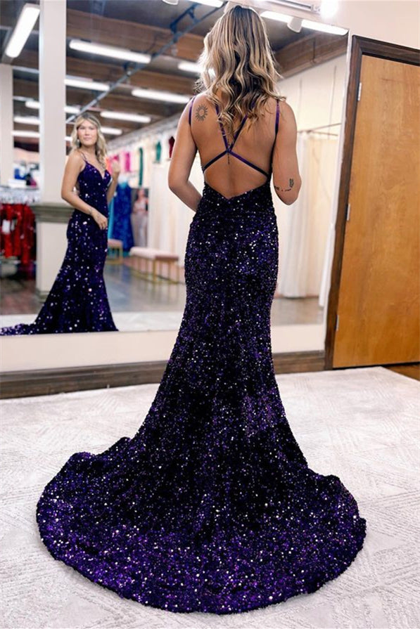 Chic Sequins Long Evening Dress V Neck Spaghetti Strap