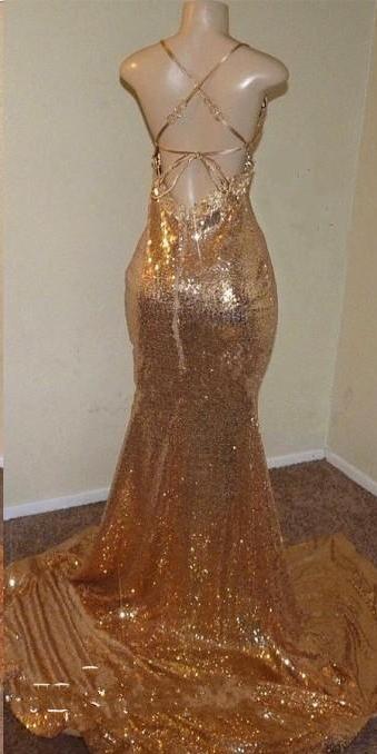 Sequins Mermaid V-Neck Prom Dress Mermaid Long With Split
