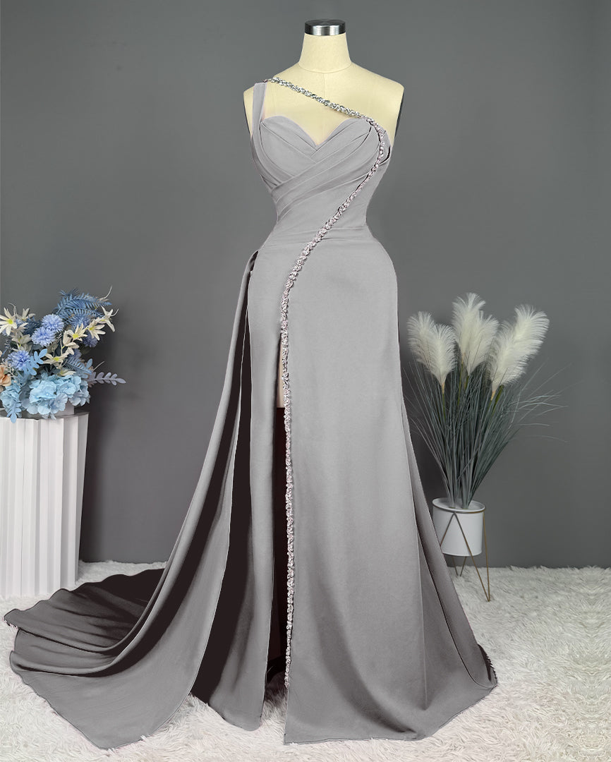 Fuchsia Evening Dress Long One Shoulder With Slit Pleated Beadings