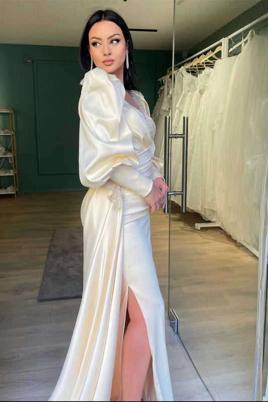 Elegant White evening dress long sleeves with Beadings Slit