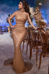 Elegant One Shoulder Long Sleeves Sequins Prom Dress Mermaid