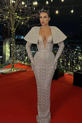 Silver Deep V-Neck Long Sleeve Mermaid Prom Dress with Sequins
