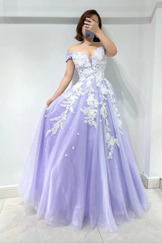 Amazing Lilac Sweetheart Off-the-Shoulder Tulle Evening Dress with Appliques