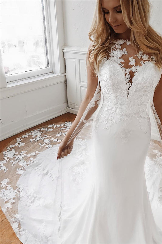 Elegant Sleeveless Mermaid Wedding Gowns with Appliques Lace