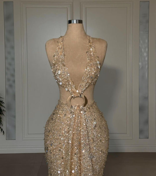 Glamorous Gold Halter Backless Sequin Evening Dress
