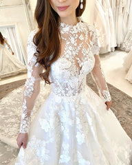 Elegant High Neck A-line Wedding Gown Featuring Lace Sleeves and Open Back