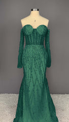Heavy Champagne Prom Dress Sweetheart Long Sleeves Strapless Beads Mermaid Tulle