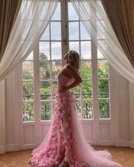 Gorgeous Pink Strapless Tulle Prom Dresses Long Split With Flowers