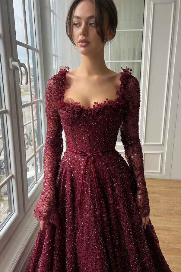 Burgundy Strapless Long Sleeves Lace Prom Dress with Sequins
