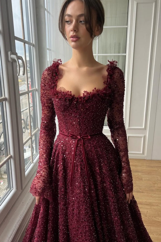 Burgundy Strapless Long Sleeves Lace Prom Dress with Sequins