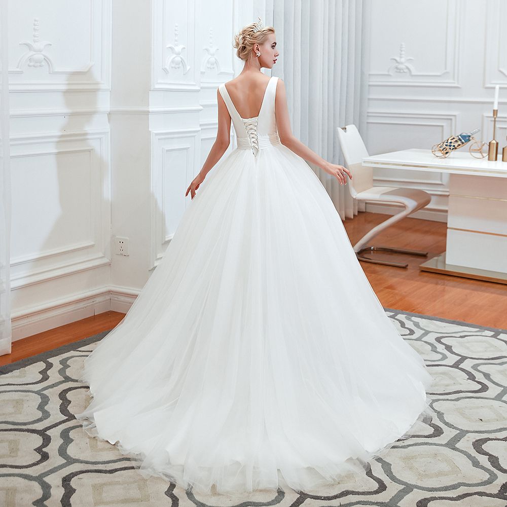 Elegant A-Line Wedding Gown with Deep V-Neck and Wide Tulle Straps