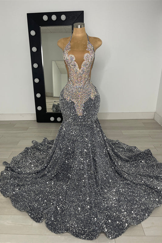 Modern Silver Grey Halter Mermaid Prom Dress Sequins Sleeveless With Beadings