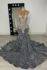 Modern Silver Grey Halter Mermaid Prom Dress Sequins Sleeveless With Beadings