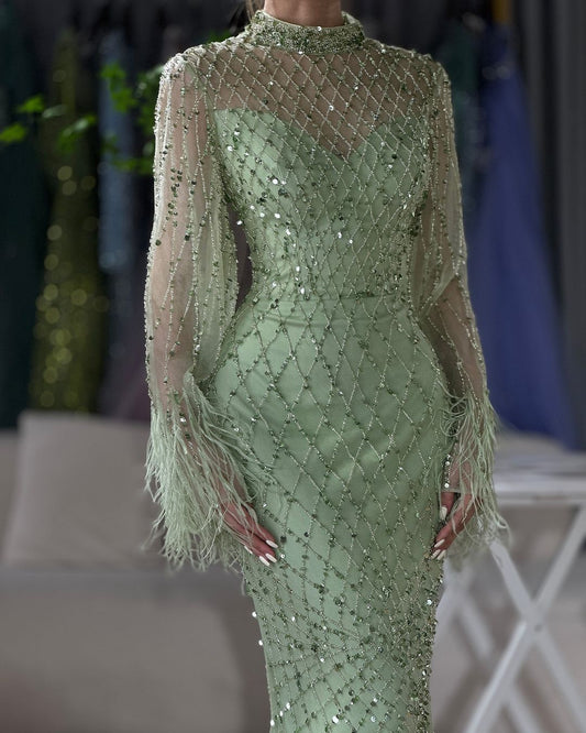 Green Long Sleeve Sequins Mermaid Prom Dress with Straight Across