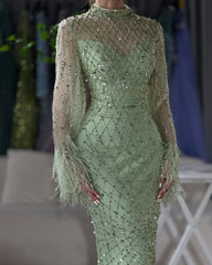 Green Long Sleeve Sequins Mermaid Prom Dress with Straight Across