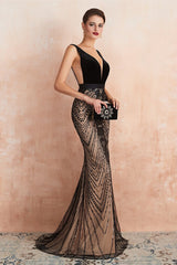 New Arrival V-Neck Sleeveless Mermaid Prom Dress Black Long Party Gowns