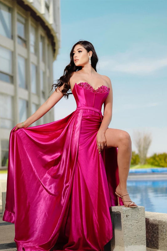 Popular Fuchsia Sweetheart Sleeveless Mermaid Prom Dresses With Split Beads Overskirt