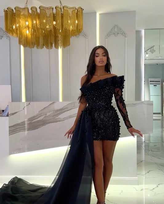 Modern Black One Shoulder Long Sleeves Short Prom Dress Pearls With Ruffle