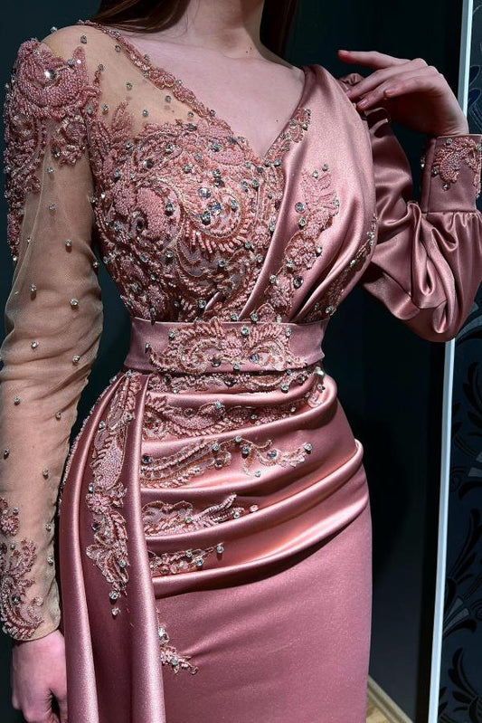 Charming Long Sleeves Dusty Pink Prom Dress Mermaid With Appliques Beads