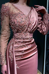 Charming Long Sleeves Dusty Pink Prom Dress Mermaid With Appliques Beads