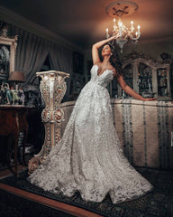 Long A-line Vintage V-neck Wedding Dress Featuring 3D Floral Lace