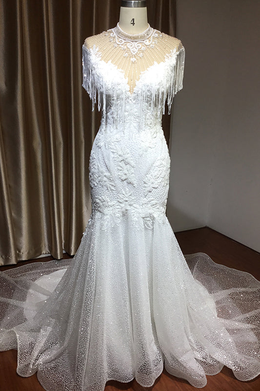 Mermaid Wedding Dress with High Neckline, Beaded Tassel Details