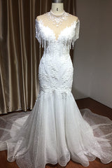 Mermaid Wedding Dress with High Neckline, Beaded Tassel Details