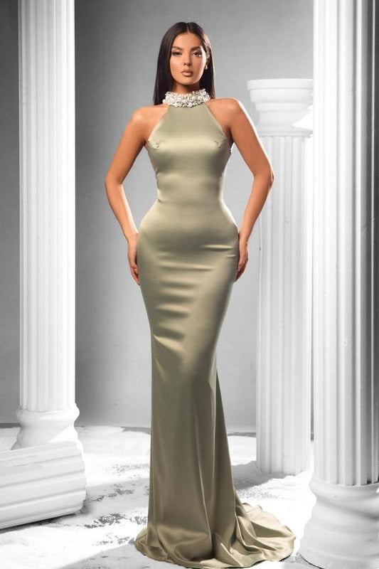 Gorgeous High Neck Sleeveless Mermaid Prom Dress With Pearls