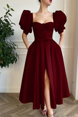 Online Wine Red Front Split Short Prom Dress Square with Short Sleeves