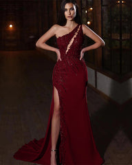 Elegant One-Shoulder Applique Prom Dress Mermaid Split