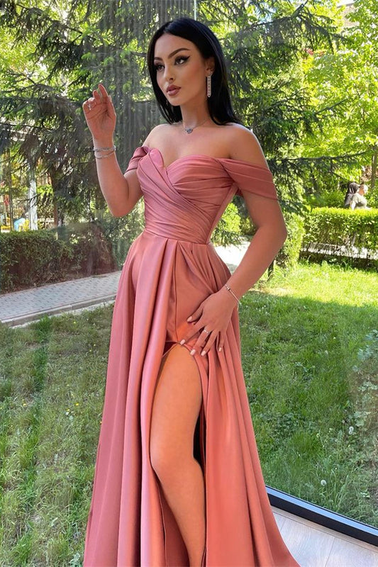 Modern Dusty Rose Off-the-Shoulder Prom Dress Long Slit