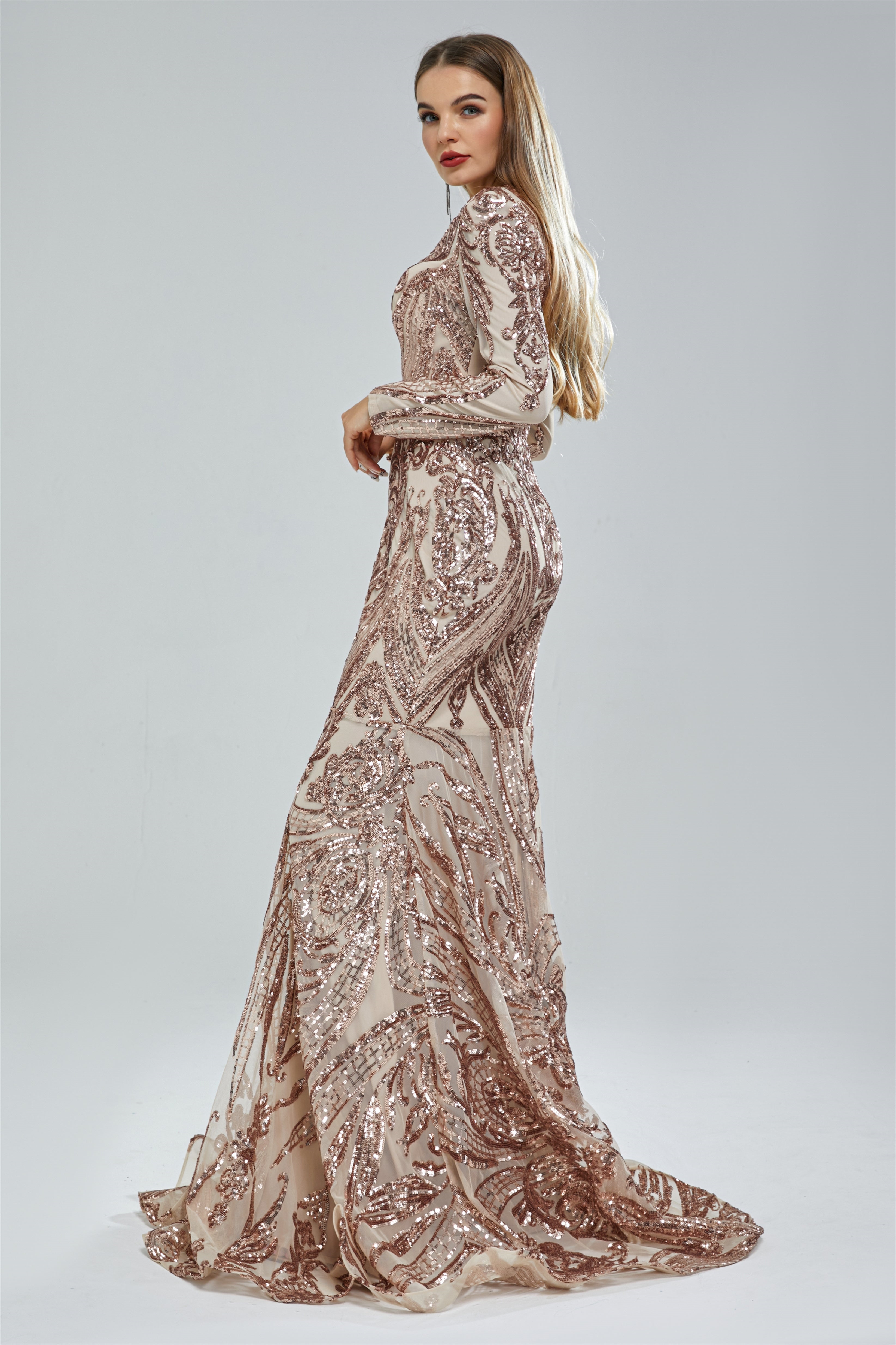 Gorgeous V-Neck Mermaid Prom Dress Long Sleeves Sequins Long