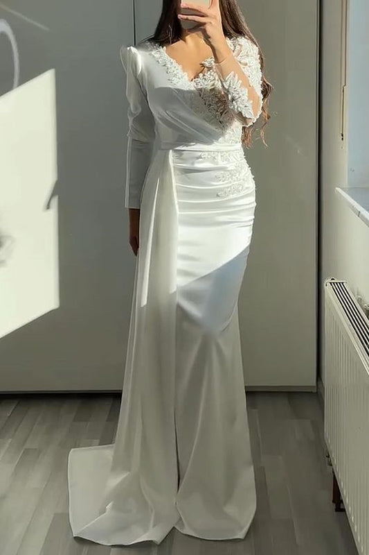Classy Long Sleeves Mermaid Prom Dress Appliques Beadings With Ruffles